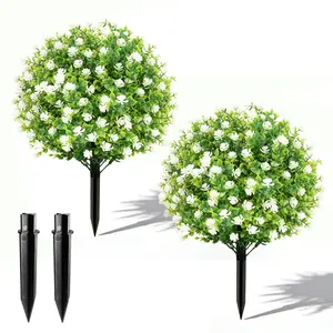 21" Spring Artificial Boxwood Topiary Ball Tree with Spikes,UV Resistant Fake Outdoor shrubs with Violet Flowers, Realistic Faux Plants Bushes for Garden Front Porch Yard Patio