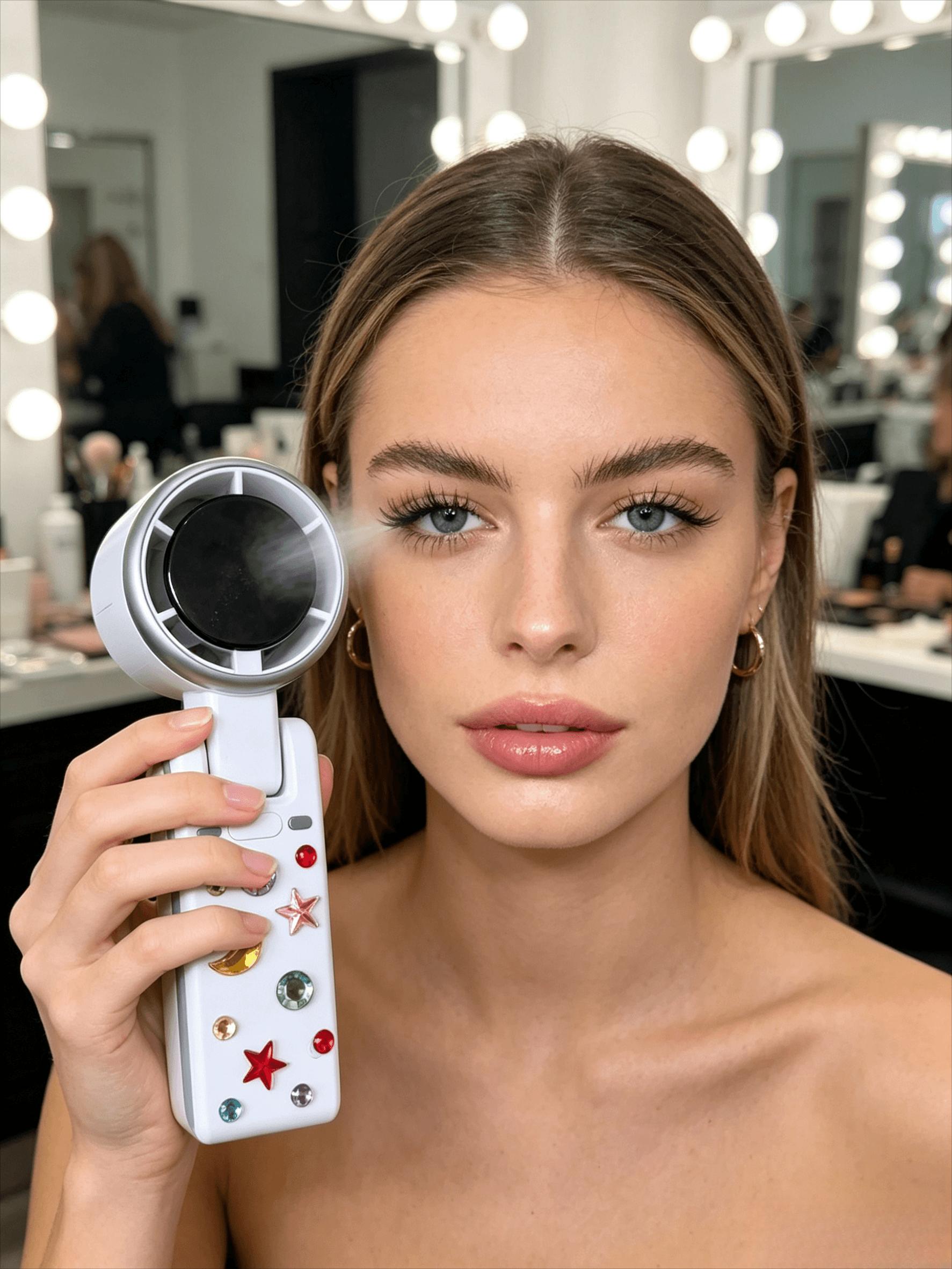 2-in-1 Foldable Lash Fan & Summer Cooling Turbo Fan, DIY Gem Stickers Included, Portable for Makeup, Outdoors & Mealtime Hiking & Outdoor Adventures