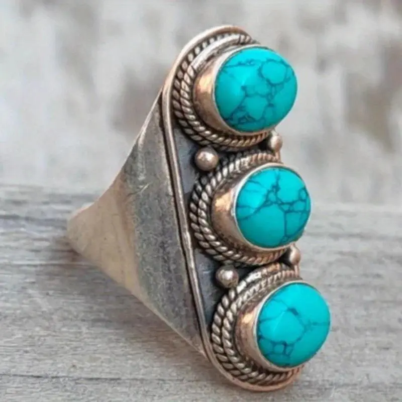Vintage Bohemian Style Women's Copper Ring,Creative Oval Synthetic Turquoise Ring, Perfect Jewelry Accessory for Holiday Parties