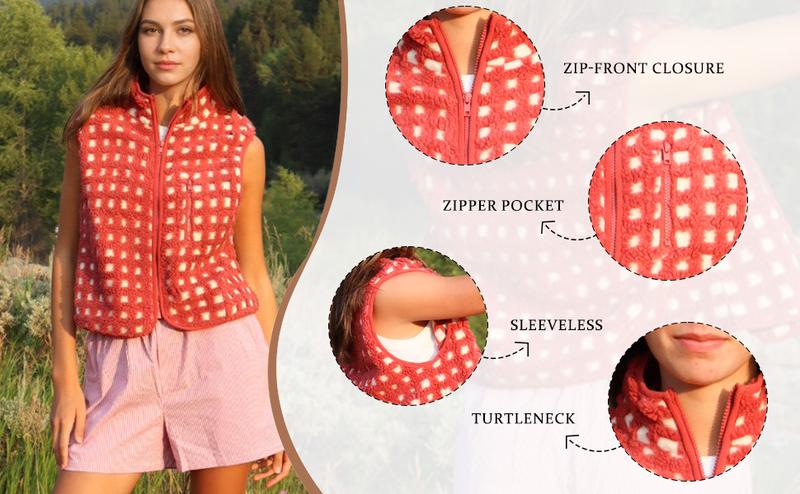 Tanming Womens Spring Checkered Sherpa Vest Sleeveless Fleece Jacket Zip Up Plaid Gilet with Pocket Casual Layering Tops