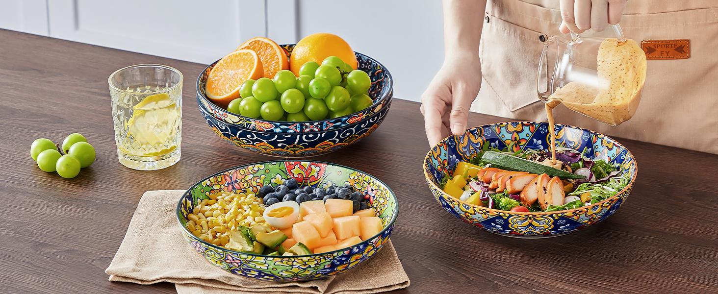 vancasso Pasta Bowls, Ceramic Salad Bowls, Soup Bowls, Pasta Plates, Bohemian Decorative Bowls for Salad, Fruit, Pasta and Dinner, Serving Dishes Set for Party, Dishwasher & Microwave Safe Tableware