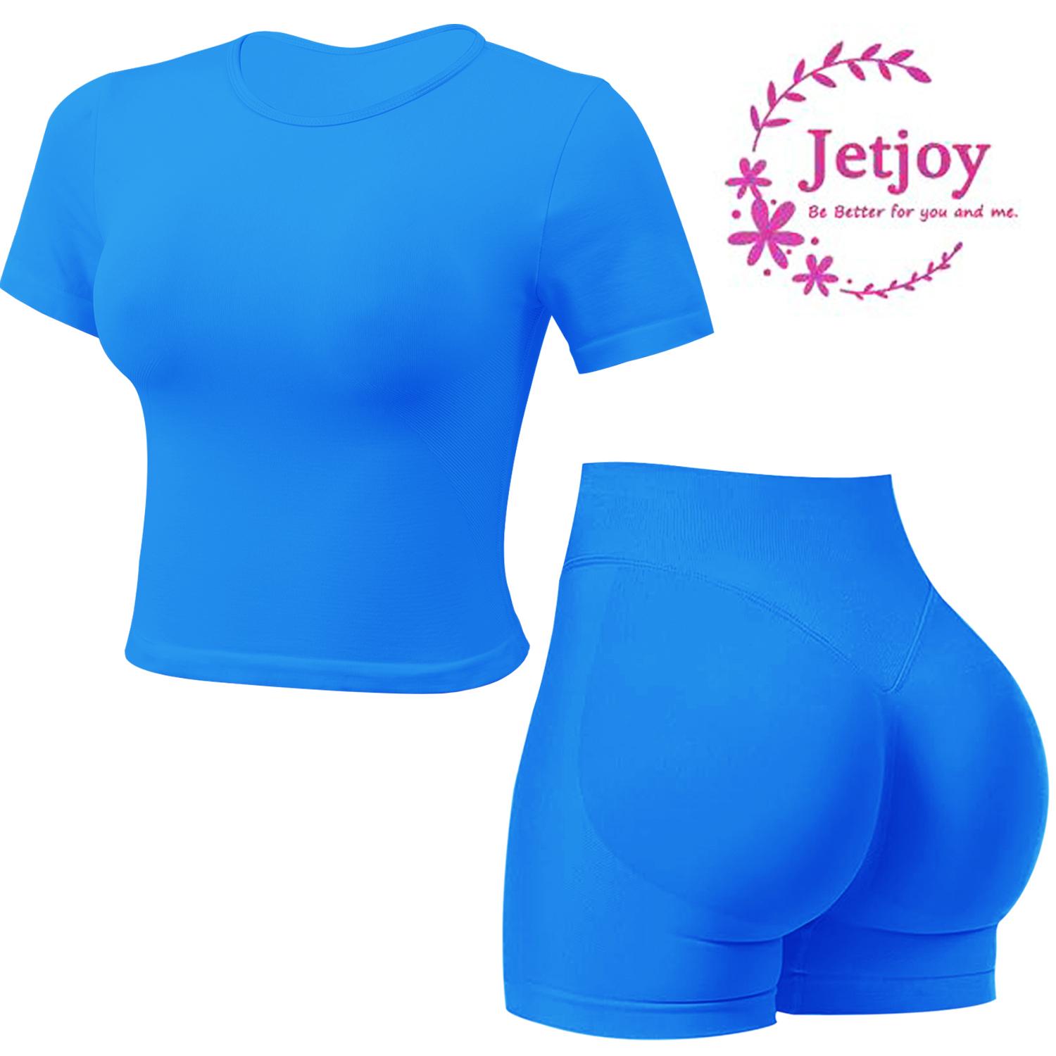 Jetjoy 2 Piece Workout Sets for Women, Long or Short Sleeve T Shirt Tank Top + Workout Shorts Butt Lifting Gym Seamless Booty Biker Shorts, Going Out Gym Sets Fitness Clothes Skinny Sportswear Compression Activewear Gymwear Fitness Clothes Mesh Athleisure