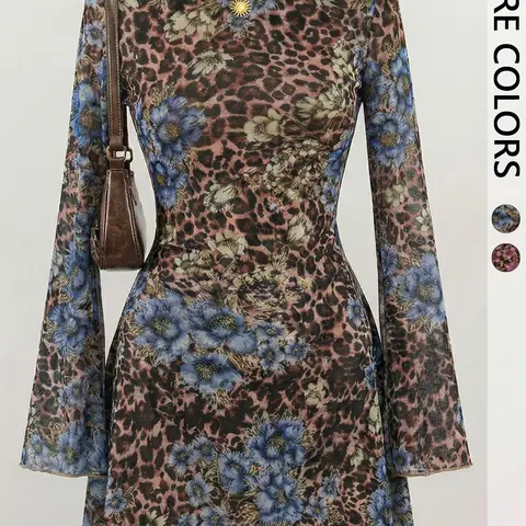 1pc Double Layer Floral Mesh Dress, Flare Sleeve Sheer Slim Dress, Retro Style for Party Music Festival, Floral Cocktail Dress