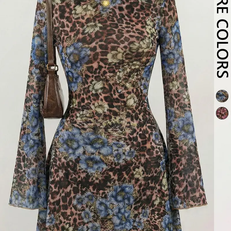 1pc Double Layer Floral Mesh Dress, Flare Sleeve Sheer Slim Dress, Retro Style for Party Music Festival, Floral Cocktail Dress