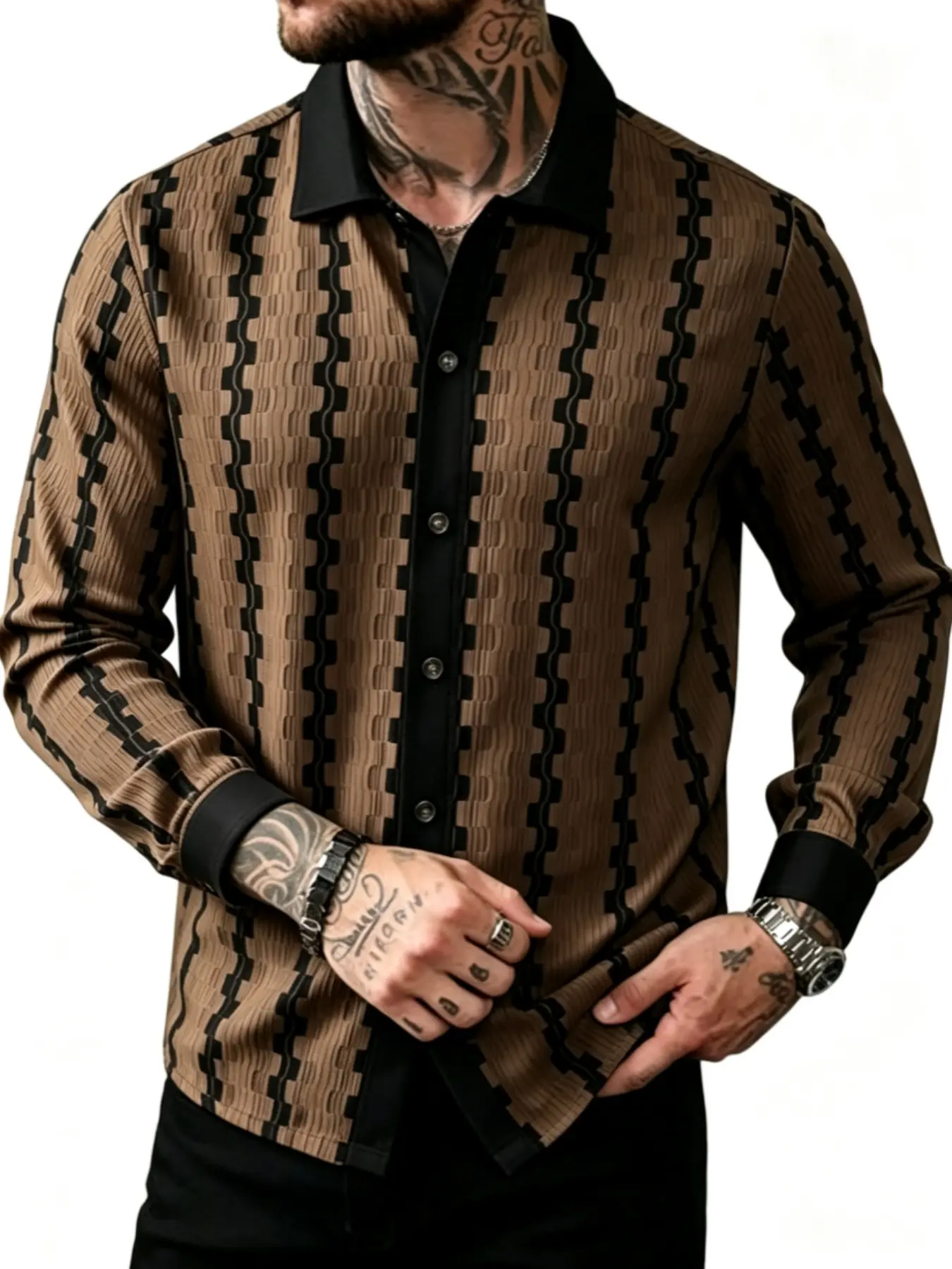 American Wave Stripe Men's Long Sleeve Shirt, Casual Slim-Fitting Ethnic Pattern Top, All Seasons Unlined Clothing, Full Placket Design