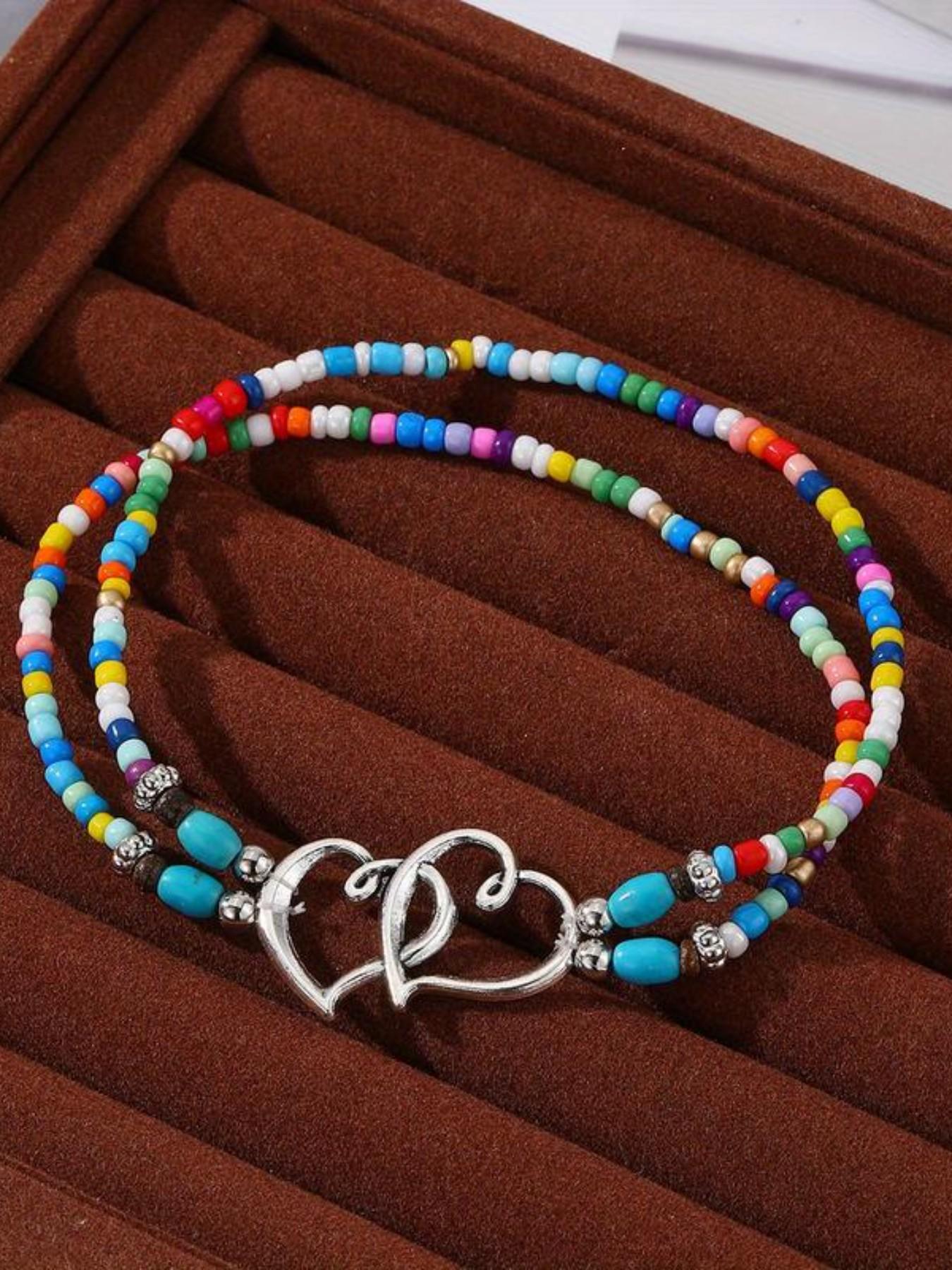 3Pcs Set Fashion Women Bohemia Beaded Heart Charms Multi-layer Anklet, Exquisite Boho Chic Double-Layer Beaded Heart Anklet, Perfect for Summer Vacation, Beach Wedding, Party Jewelry Gift