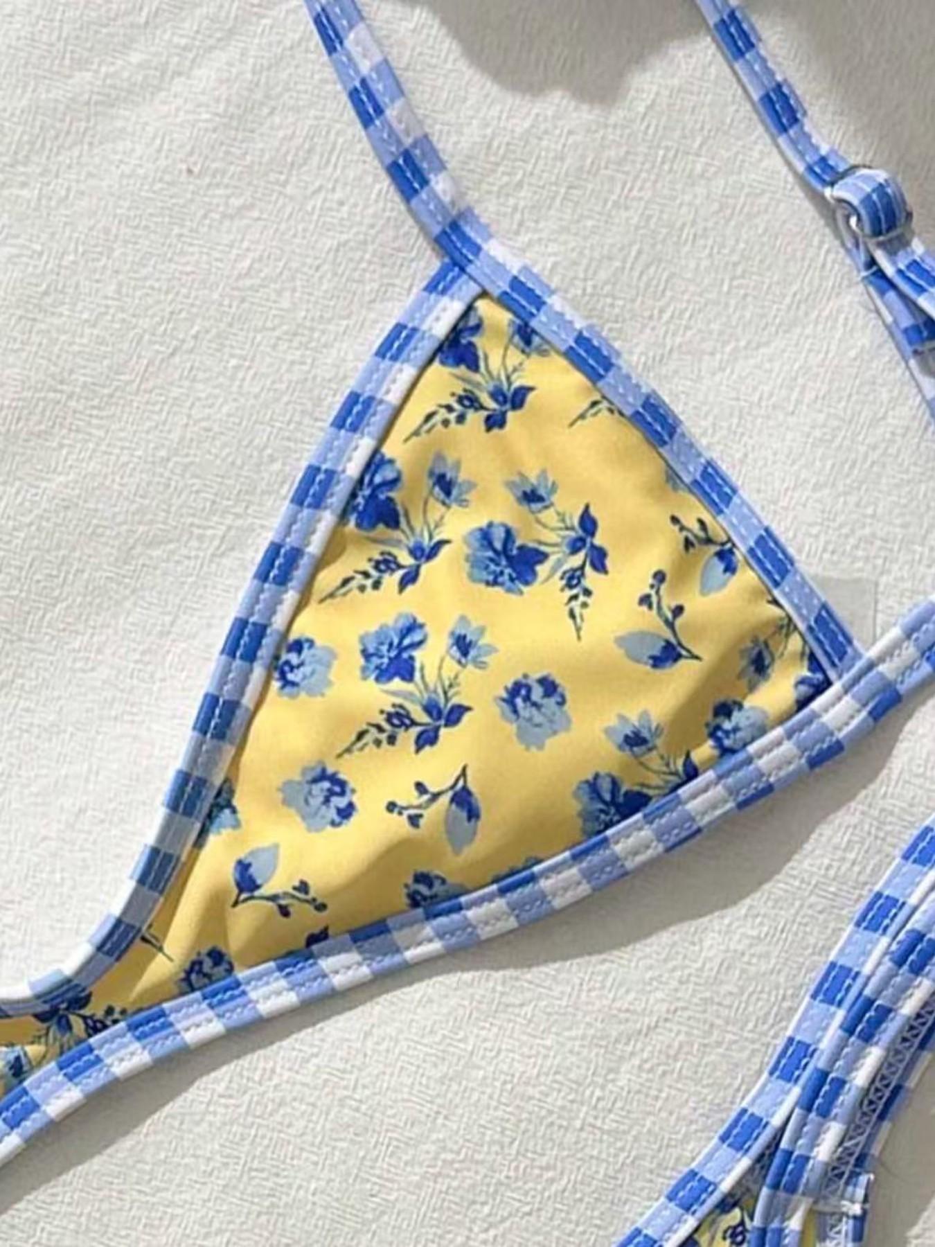 2026 Spring/Summer Women's Swimsuit Yellow Base with Random Blue Flower Print Cute and Sweet High-Waist Side Bikini Two-Piece Set