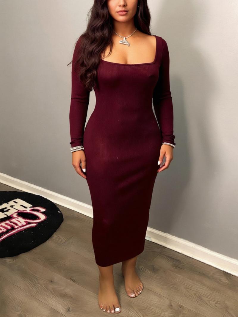 Women's Casual Tight-Fitting Dress, Low Neckline, bodycon dress，Plain Color, Spring & Fall Fashion, Moderate Fabric Thickness, Kint Style