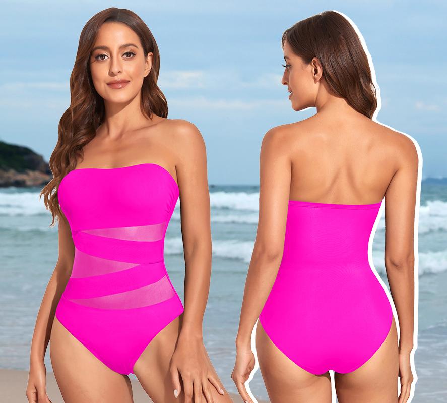 Holipick Women Strapless Bandeau One Piece Swimsuits Sexy Mesh Cutout Bathing Suits Tummy Control Swimwear