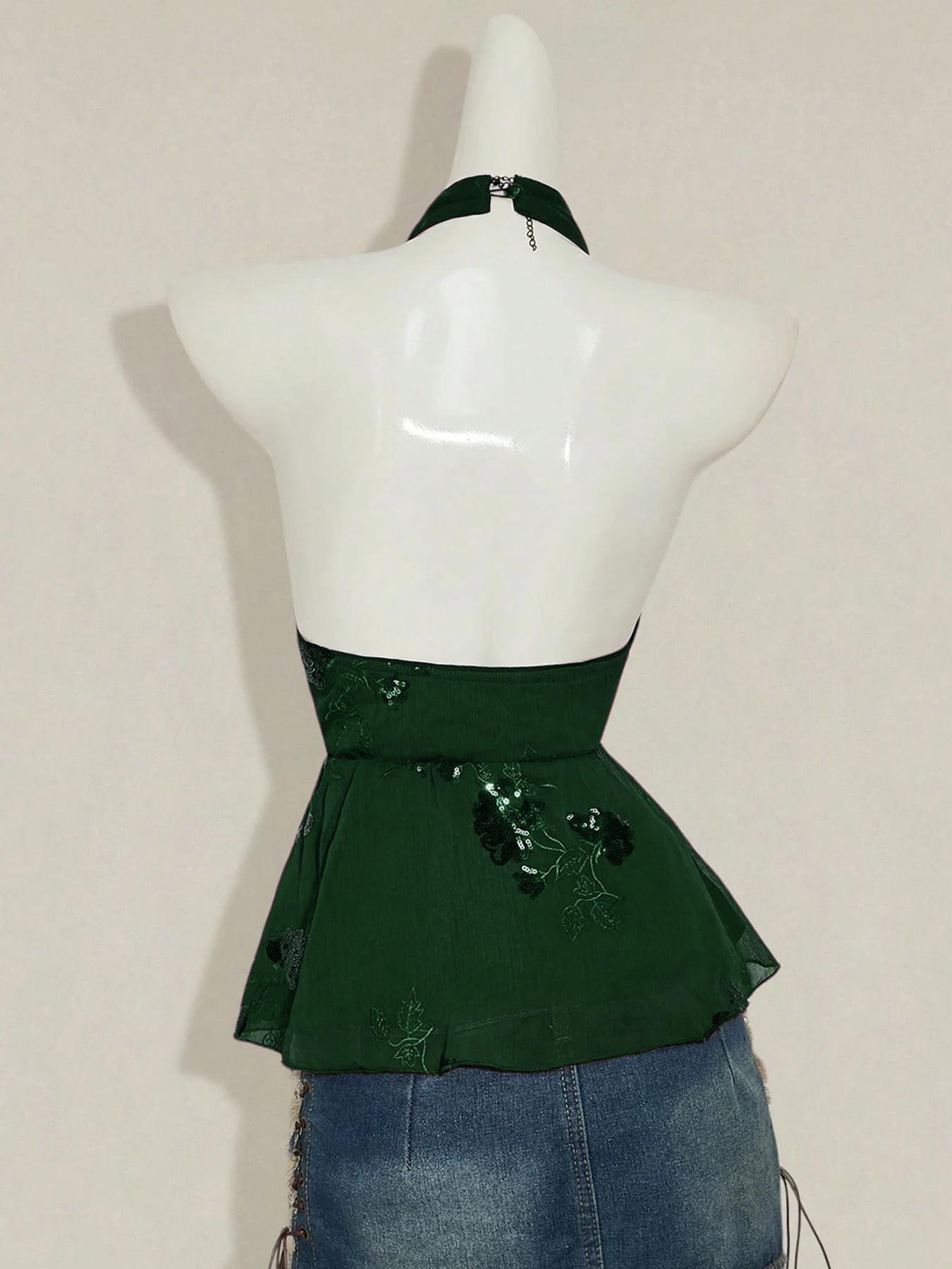 1 Piece Beaded Halter Tank Top | Euro-American Retro Vibe | Deep V Design + Sequin Beading | Elegant Pick for Dinner Parties / Wedding Guests