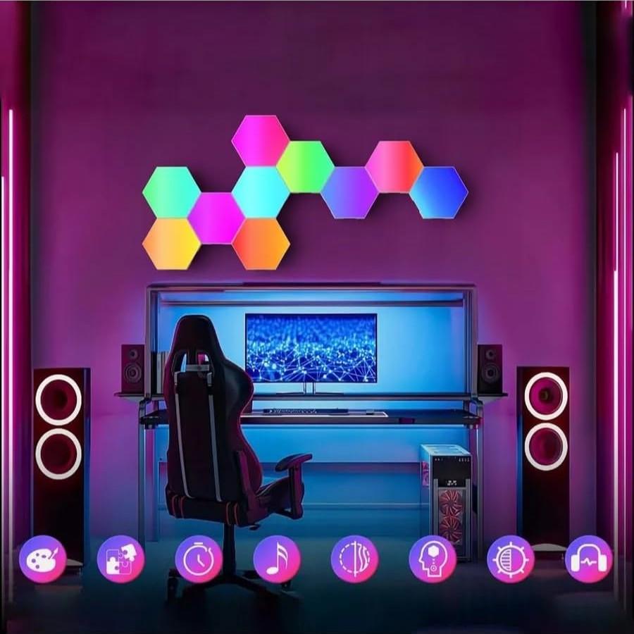 Hexagonal Wall Light Panel, Smart APP RGB Hexagon LED Modular Strip Remote Control, Music Sync Function for Gaming Room, Living Room, Bedroom