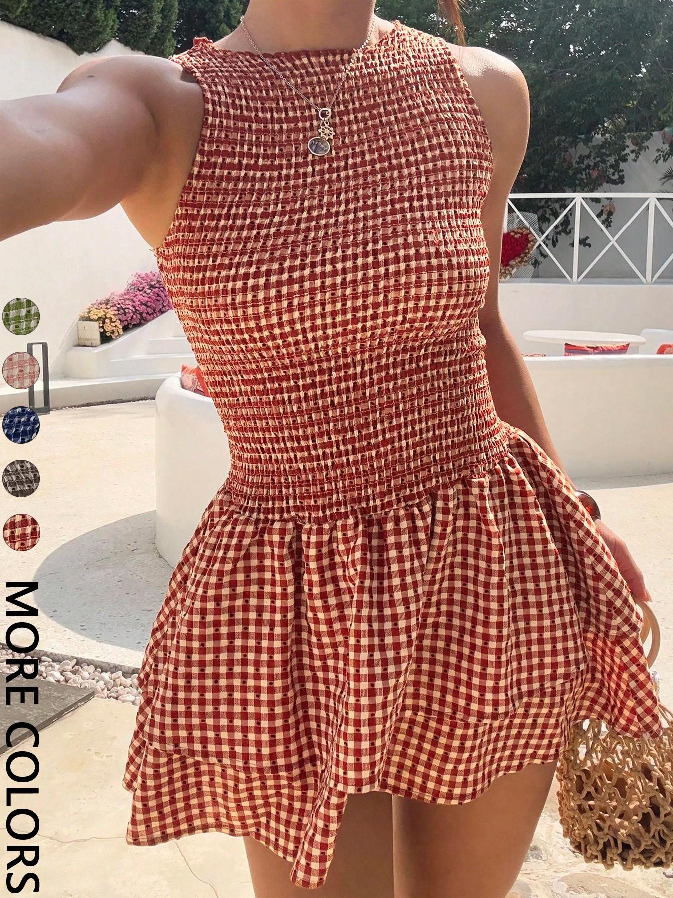 Women's Casual Sleeveless Short Dress, Plaid Pattern, Fitted Style, Perfect for Daily Wear, Comfortable and Stylish Women's Casual Sleeveless Short Dress, Plaid Pattern, Fitted Style, Perfect for Daily Wear, Comfortable and Stylish