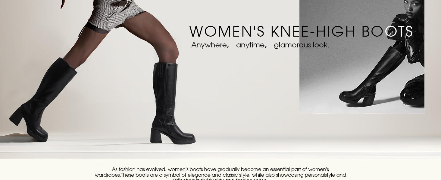 【New Colors】Knee High Boots for Women, Square Toe Chunky Block Heeled Platform Tall Leather Wide Calf Cogo Boots with Side Zipper Footwear Gir Walking Shoes Girl Comfort Fallfashion Brown Flatform