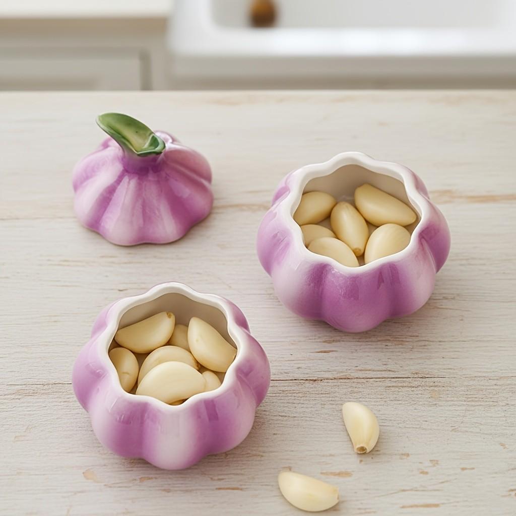 Garlic Shaped Ceramic Canister | Purple Glazed Kitchen Storage Jar for Spices Treats | Decorative Countertop Organizer with Vintage Farmhouse Charm | Functional Decor for Home Cooks & Collectors | US Culinary Accent Piece