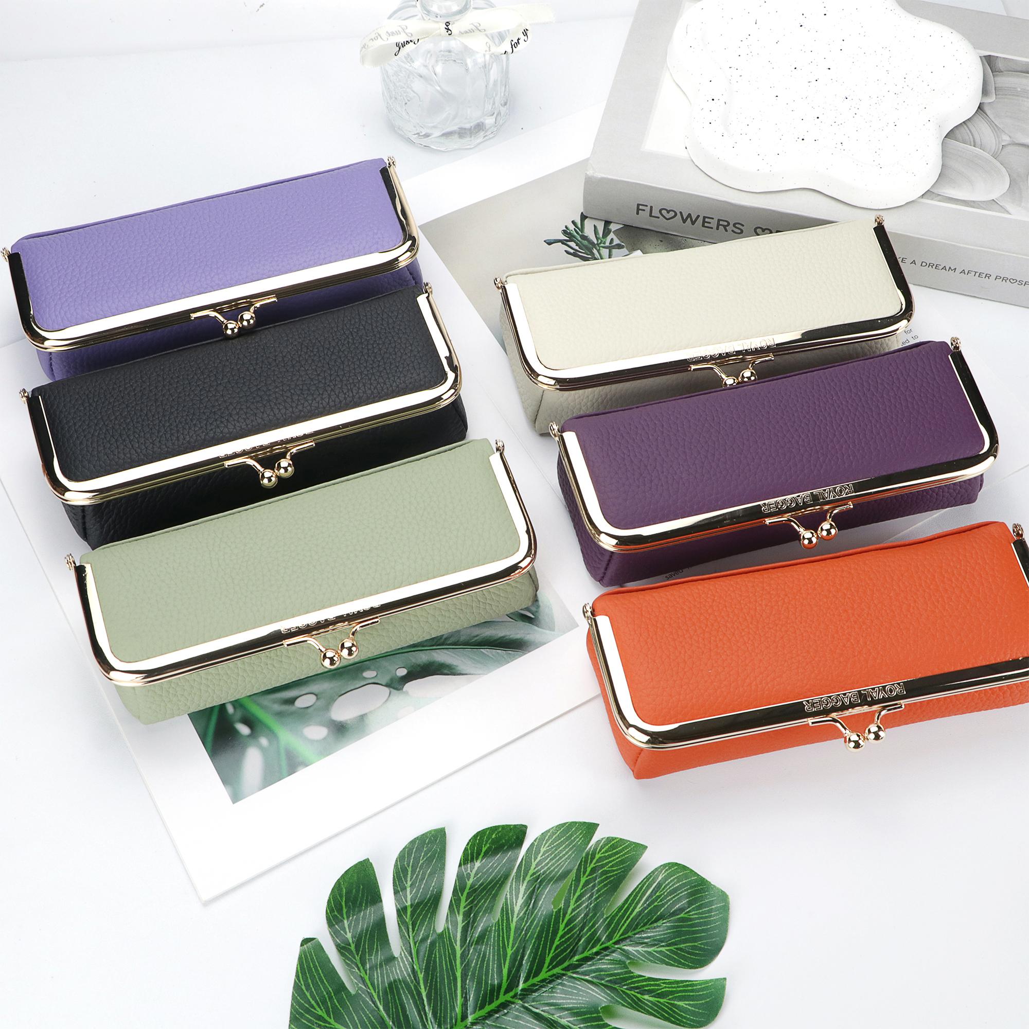 Royal Bagger Genuine Leather RFID Blocking Fashion Glasses Case, Pencil Bag with Kiss Lock, Organizer for Rings, Necklaces & Earrings for Women 4135 Lens Protective Mirrored Lens