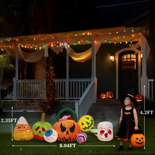 Outvita 8FT Long Halloween Inflatables Pumpkins Eyeball Candy Outdoor Decorations, Blow Up Yard Decoration with Built-in LEDs Lighted for Lawn Garden Outside Indoor Decor