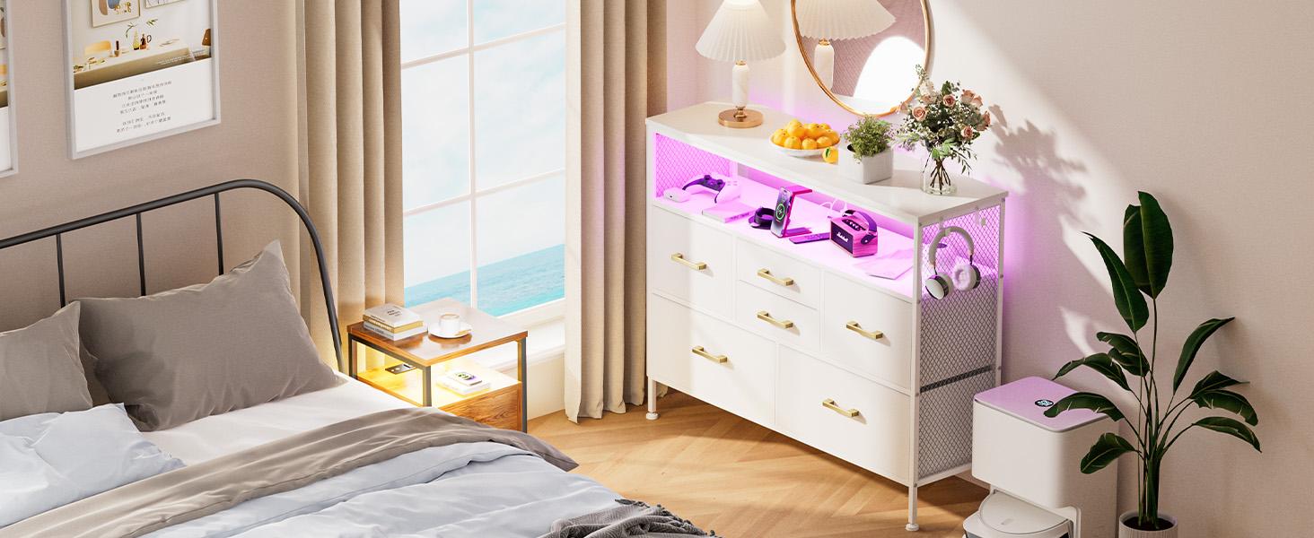 Bedroom Dresser TV Stand with LED Lights & Charging Station, 6 Fabric Drawers with Side Pockets, Wide Storage Dresser for Bedroom, Living Room, or Closet, Modern Media Console for TVs up to 43" Cupboard Furniture