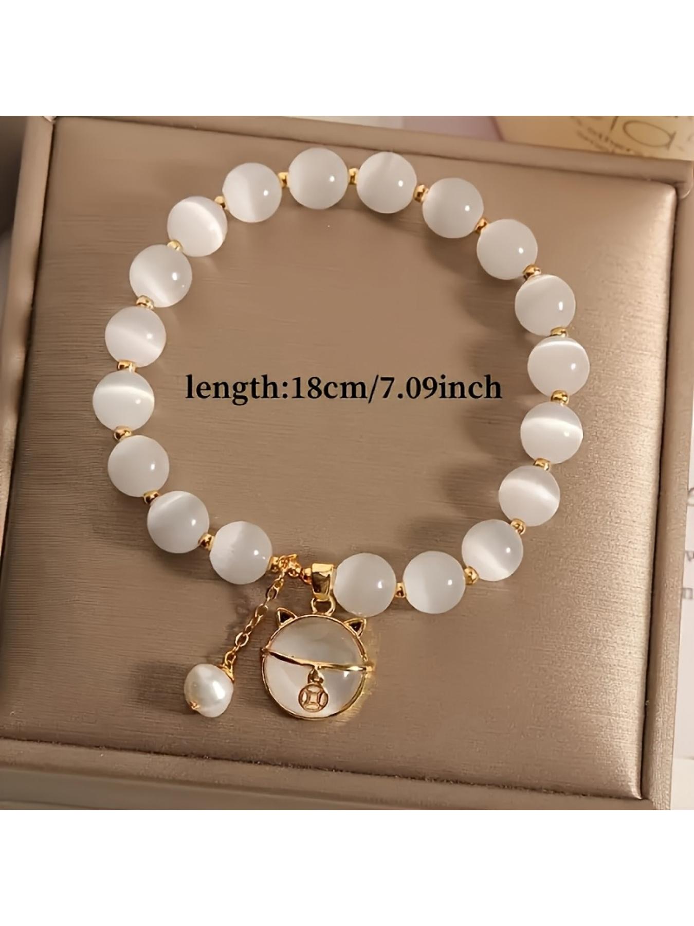 White Crystal Faux Cat's Eye Bracelet, Beaded Hand Jewelry for Women, Birthday Gift, Bracelet for Girlfriend, Valentine's Day Gift, Gift for Girlfriend