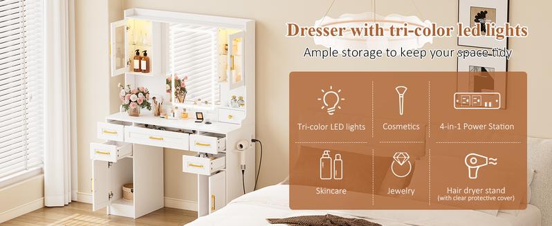 【Valentine's Day gift】Makeup Vanity Mirror with Light, Large Women Vanity Desk with Touch Screen Mirror Lights & Power Outlet, 4 Cabinet, 2 Shelves & 5 Drawers for Bedroom,[Gift Idea]