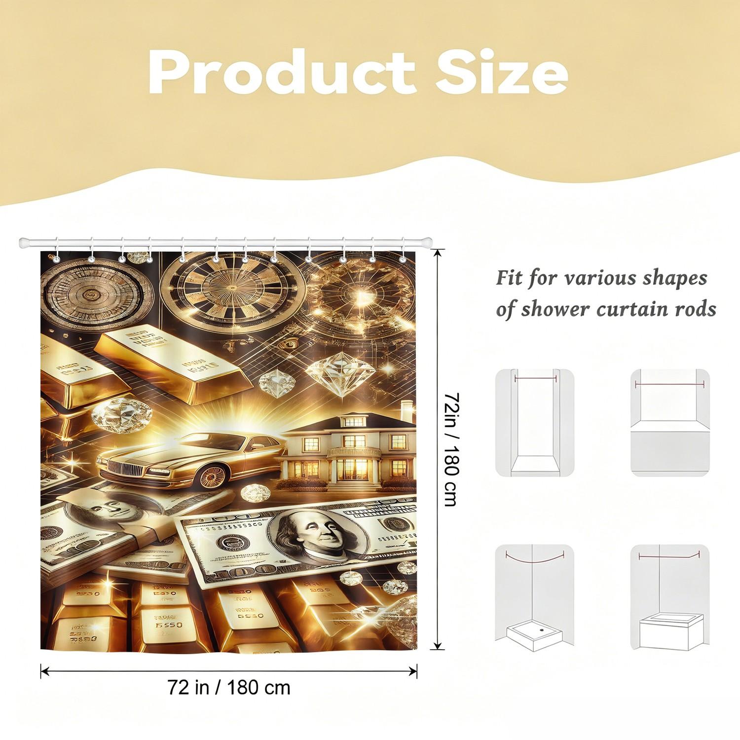 Wealth Dream Theme Shower Curtain, Waterproof Fabric, Free Install Hooks Included, Money Aesthetic Bathroom Decor, Machine Washable Shower Curtain