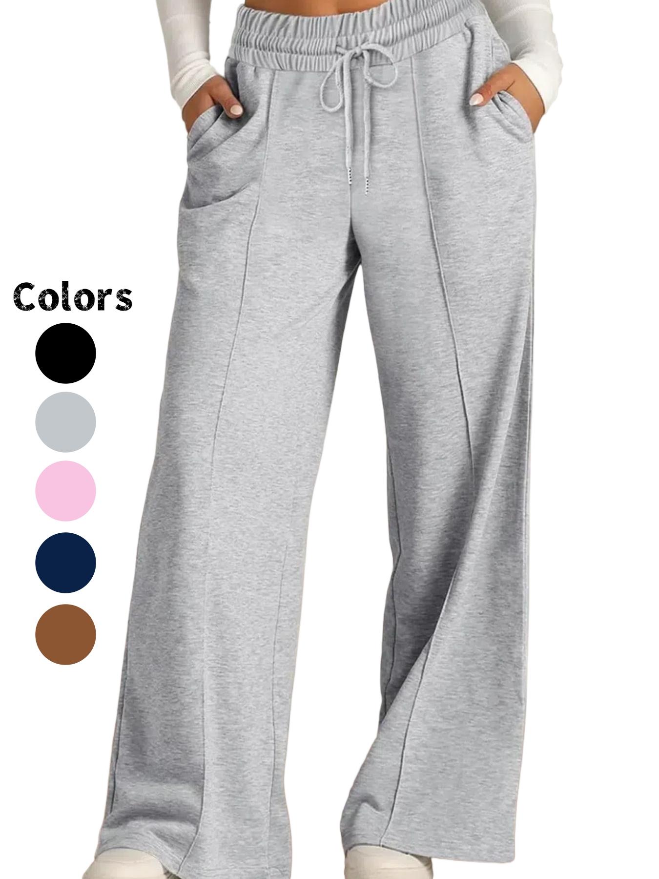 Women's Plain Drawstring High-Waisted Wide-Leg Pants, Loose Fit, Casual with Pockets, Elastic Waist, All Seasons, Daily Wear, Outerwear, Home Wear