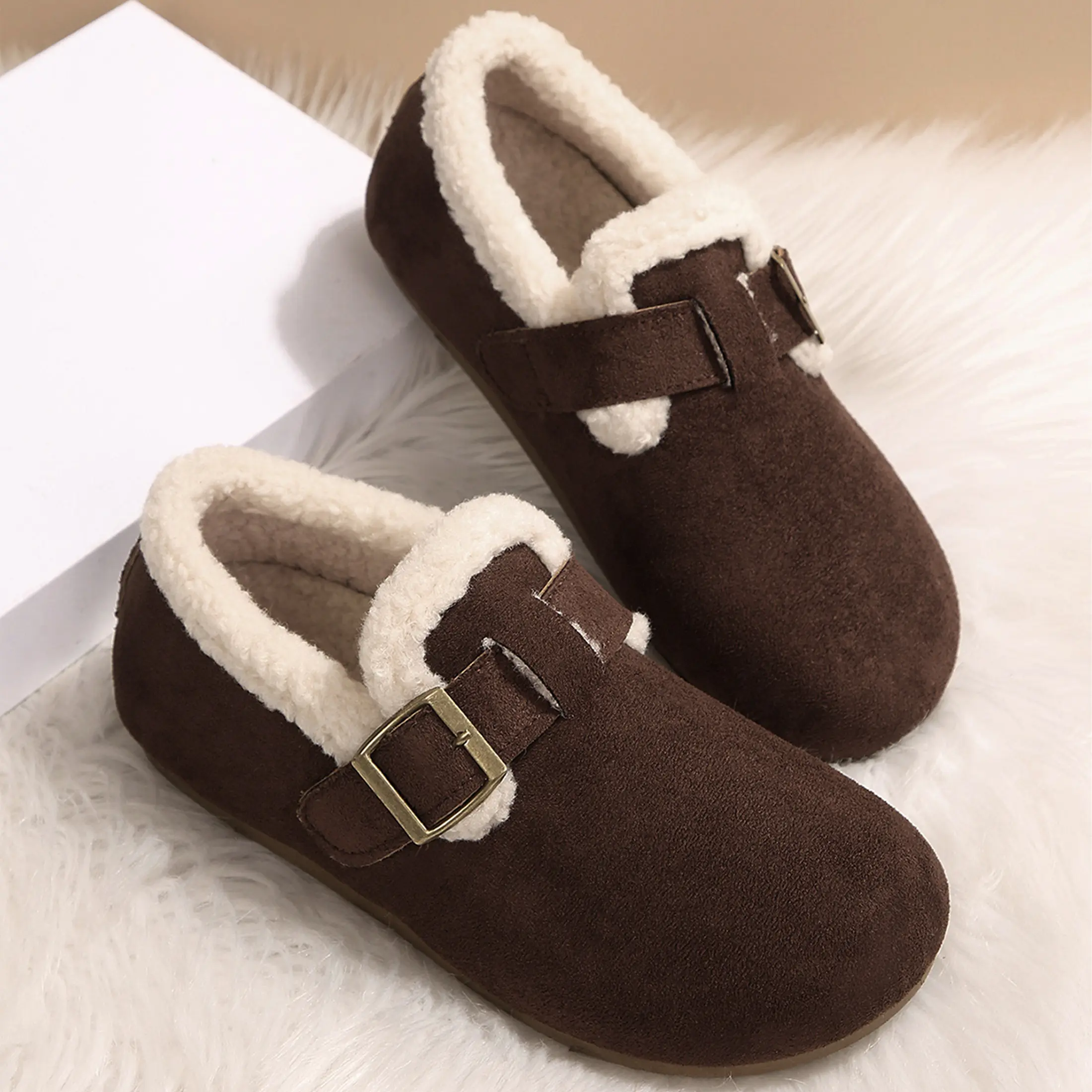 Women's Warm Lined Clogs Fuzzy Cork Footbed Adjustable Buckle Mules Slip On Winter Snow Boot Slipper House Indoor Outdoor Shoes