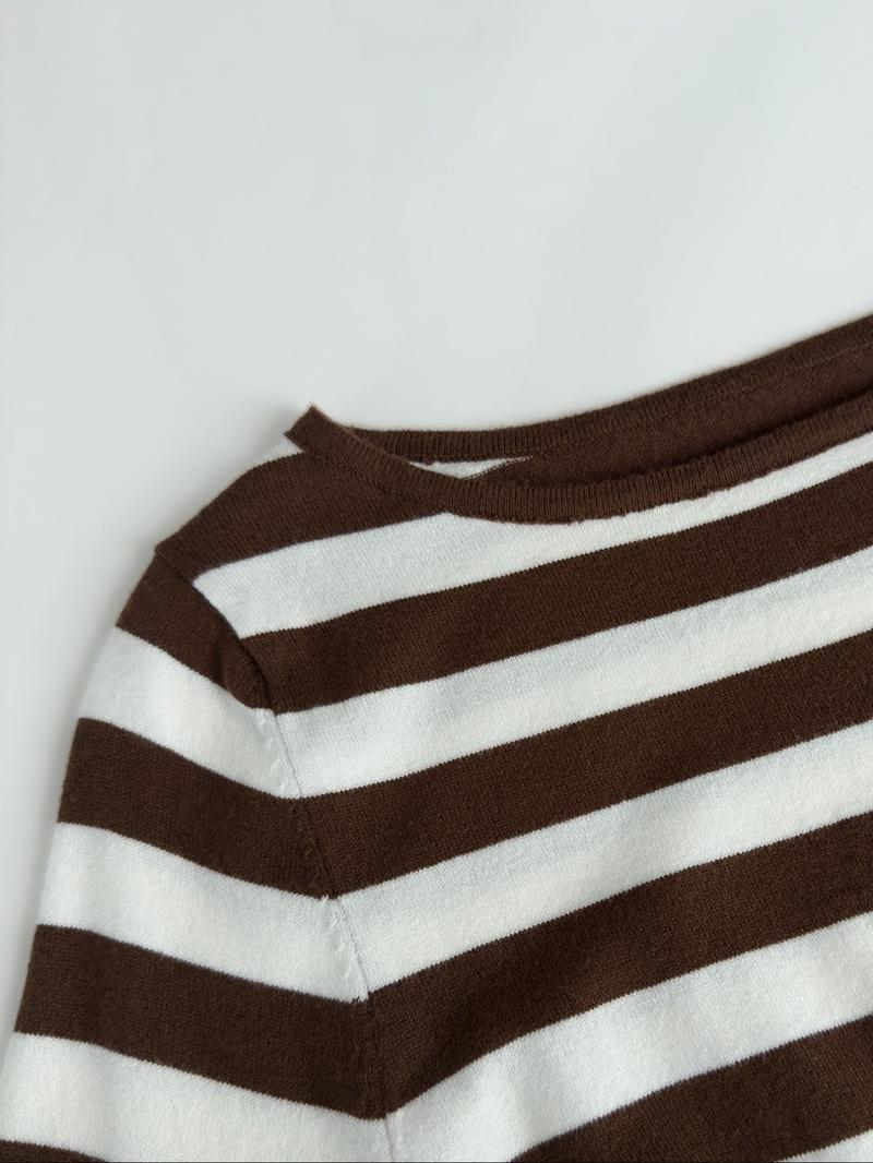 Women Striped Knit Top Brown White Blouse Long Sleeve Tee Slim Fit Sweater Boat Neck Top Ribbed Knit Blouse Stretch Fabric Top Casual Fashion Shirt Outfit French Chic Style Soft Knit Pullover Elegant Slim Top Lightweight Knitwear Casual Classy Top