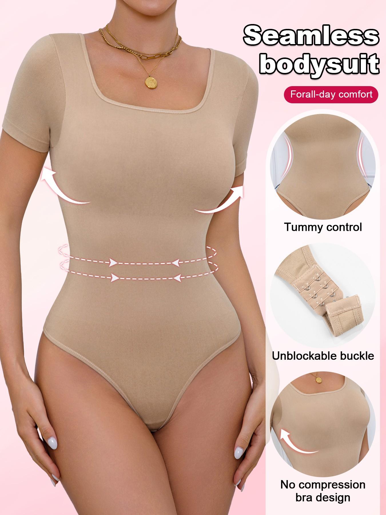 Women's Seamless Shapewear Bodysuit Set, Slimming Waist Abdomen Control Short Sleeve Crop Bodyshaper, All Seasons Minimalist Style