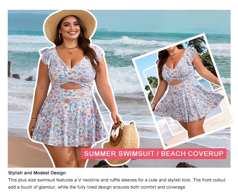 B2prity Women's Plus Size Swimsuit Tummy Control One Piece Swimdress Ruffle V Neck Cutout Wrap Bathing Suit with Skirt