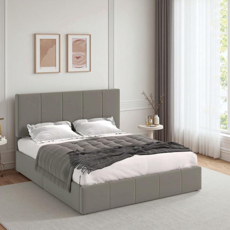 HOOMIC Upholstered Storage Bed Frame【Frame Only No Mattress】with Hydraulic Lift Base,Wide Vertical Stripe Dutch Velvet,Full/Queen/King,Black/White/Grey