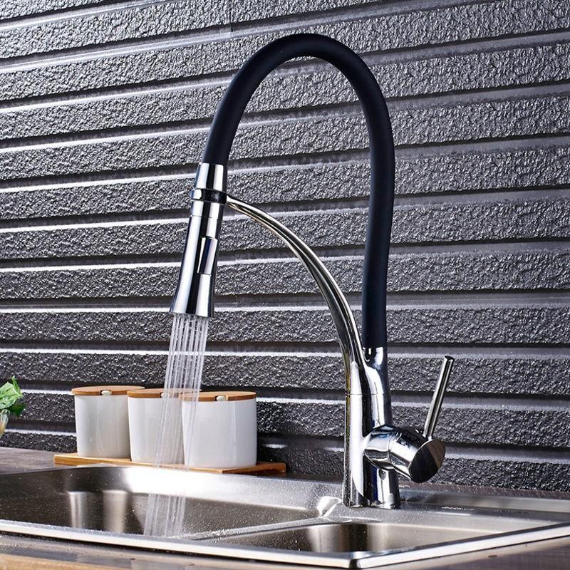 Extractable Kitchen Faucet Flexible Silicone Sprayer, Single Handle Pull-Down Brass Goose Neck, Modern High Arc, Polished Chrome Rubber Nozzle Hose