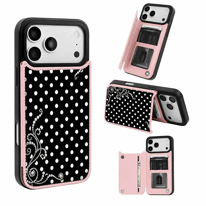 Pearl Polka Dot Patterned Card Holder Leather Case with Card Slots, one-piece, Ideal Holiday Gift for Men & Women, for iPhone 18 Pro Max 17 16 15 14 13 12 Pro Plus Air & S22-S25 Series Phones