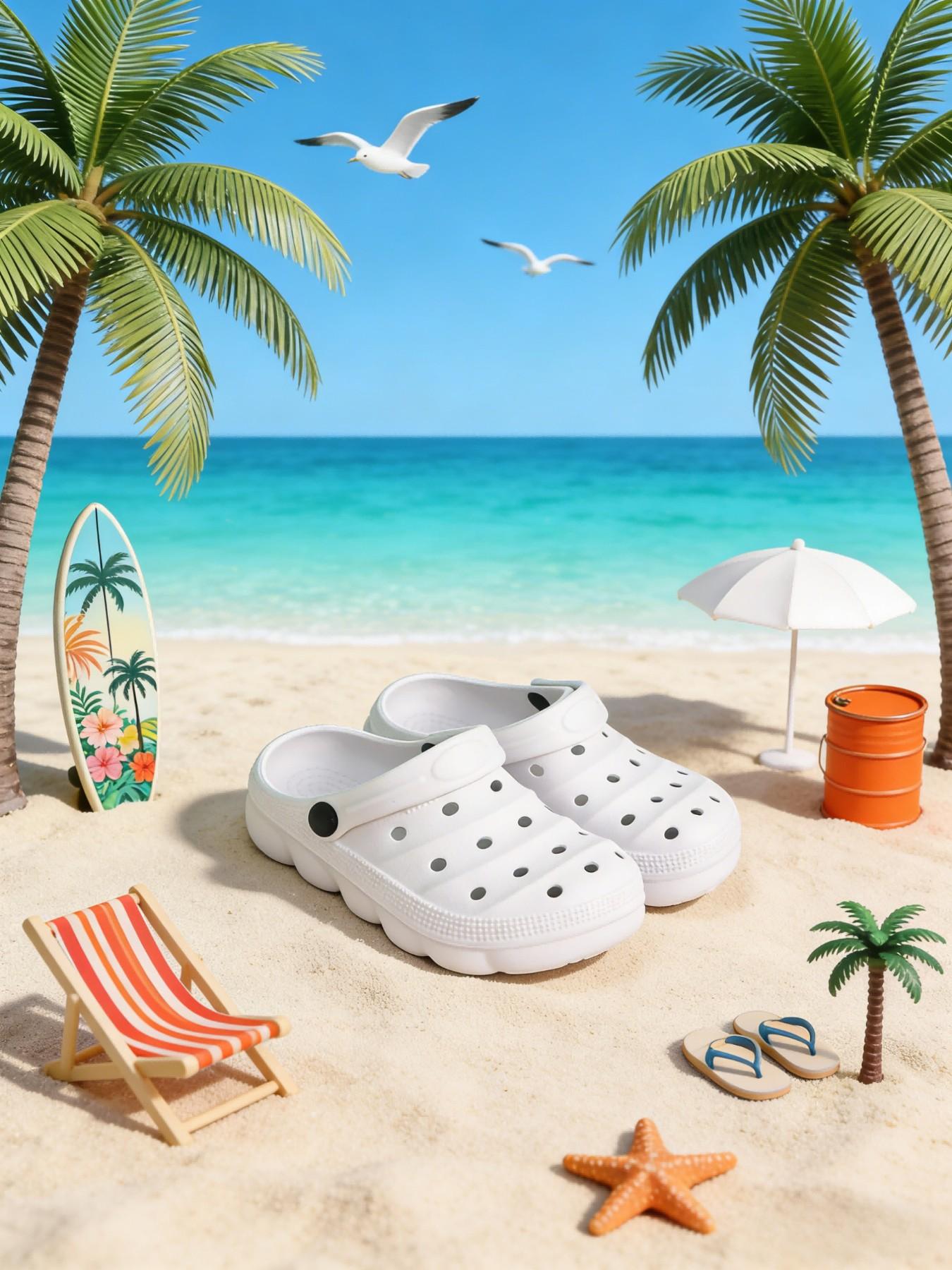 Summer New Pure Color Holey Shoes, Cute Thick Sole Anti-Slip Comfortable Breathable Closed-Toe Kids Sandals, Beach Resort Indoor Outdoor Slippers, Eva Slippers, Casual Beach Slippers
