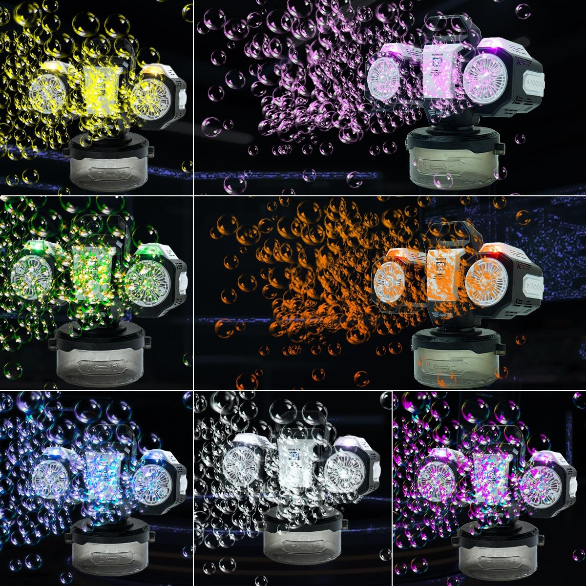 Dual Head Remote Bubble Machine, RGB Atmosphere Light, Rechargeable, 360° Auto Rotation, 30000 Bubbles Per Minute, Wedding Party Outdoor Use