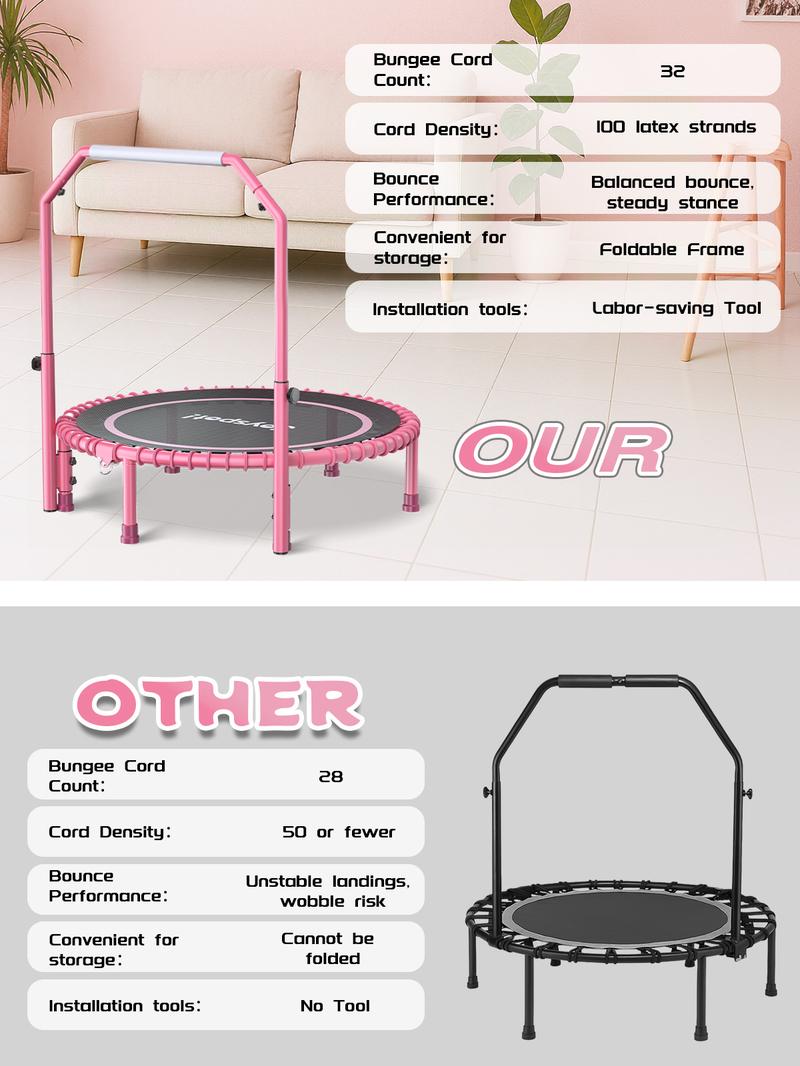 JOY SPOT! 450 LBS Foldable Trampoline 40" Fitness Trampoline with Bungees Adjustable Foam Handle/T Handle No Rope Training Jump Rope Home Gym Workout Stable Quiet Exercise Rebounder for Adults, Valentine's gift