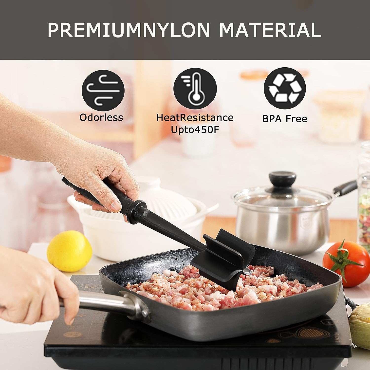 Meat  Masher for  and Hamburger Meat, Heat Resistant 5 Curved   Smasher, Nylon Meat Spatula Hamburger , Mix and Chop Kitchen Tool