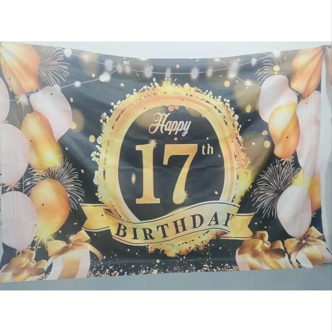 Happy Birthday Decoration Banner, & Gold Fabric Logo Poster, Large Photography Background, Polyester Fabric Backdrop, Indoor/outdoor Party Supplies