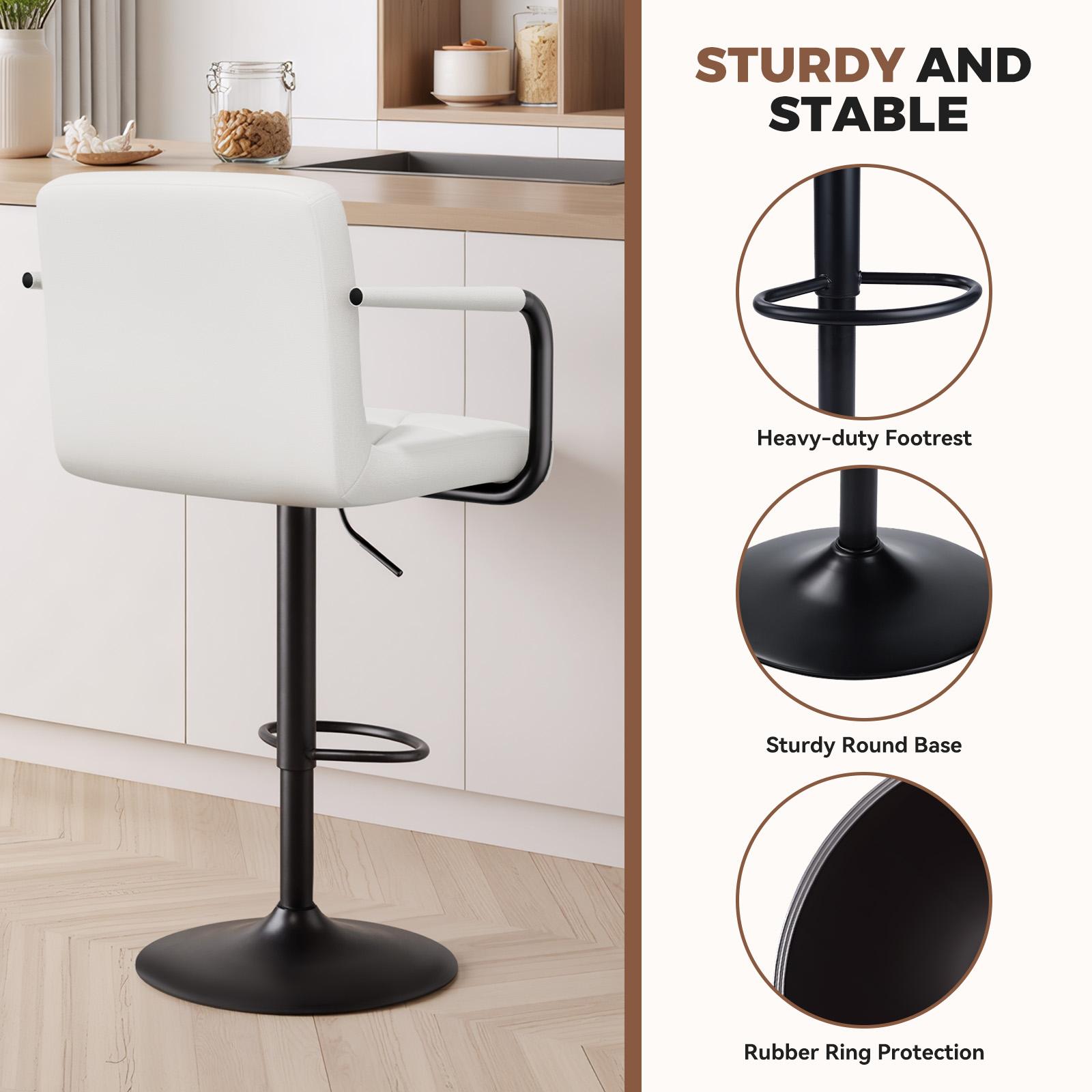 Set of 2 Barstools, Adjustable Height 25.5-34.5 IN with Back & Arms, Swivel PU Leather Upholstered Counter Height Bar Chairs