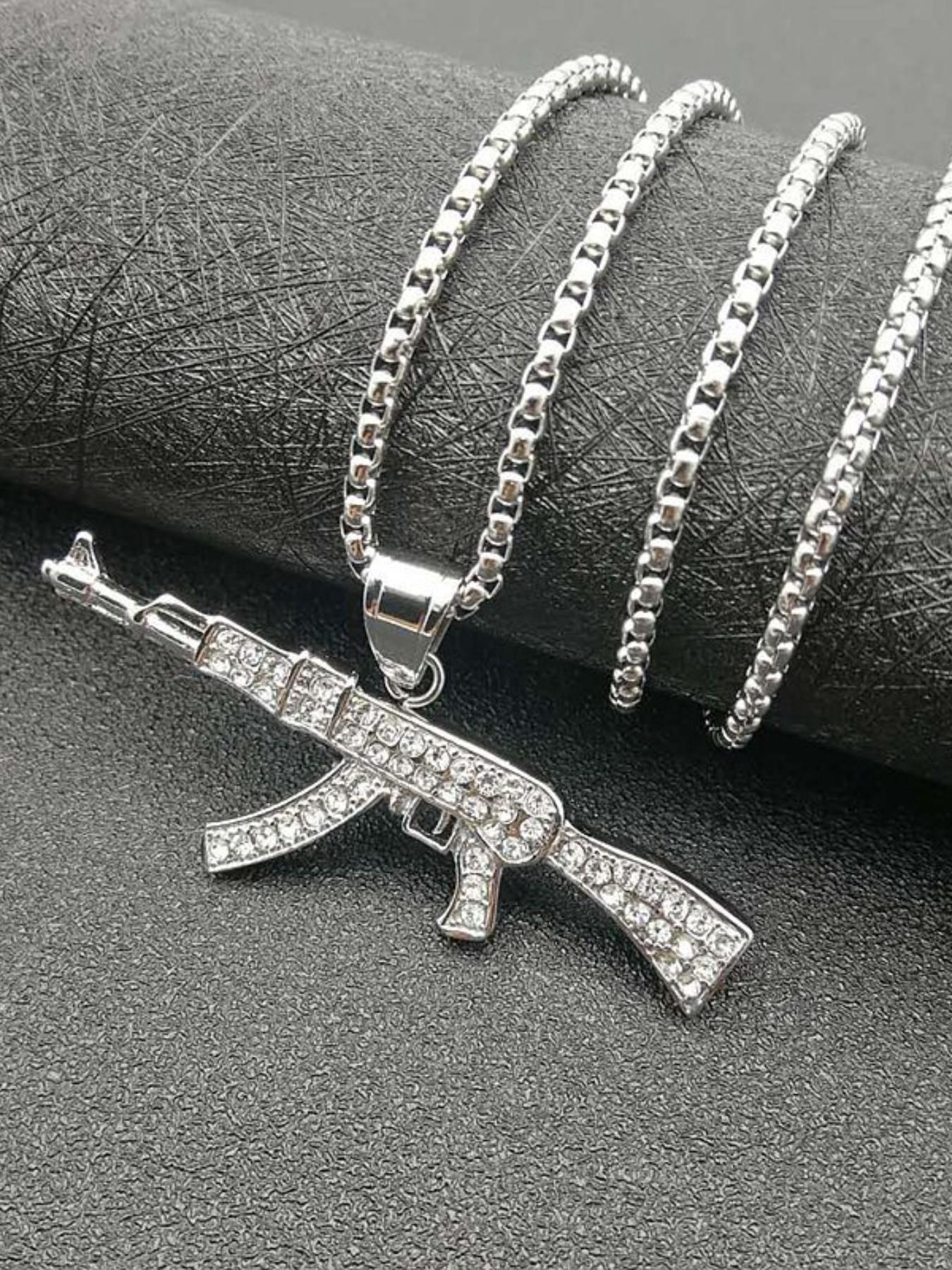 Trendy Hip Hop Jewelry, Titanium Steel Gold Plated Rhinestone Ak47 Pendant Necklace, Stylish Accessory for Men and Women