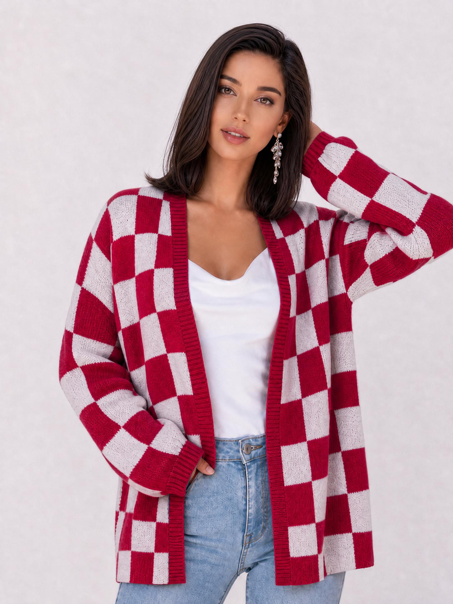 Plus Size Women's Plaid Knit Cardigan, V Neck Open Front Loose Fit Long Sleeve Sweater Coat, Fall & Winter Casual Outerwear