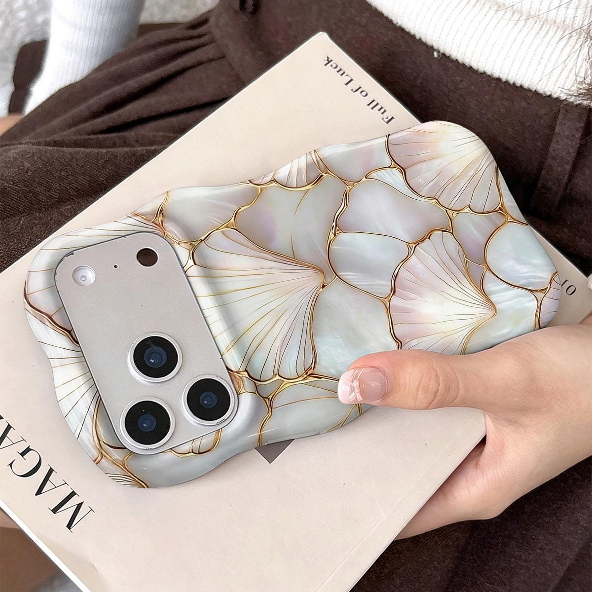 Shockproof Protective Smartphone Case for 6.1-6.7" Phones, Dual PC+TPU Blend with 2D Pearl Shell Ginkgo Leaf Golden Line Print, Marble Design, Camera Cover, Wavy Curved Raised Edges, Glossy Finish, Non-Slip, Easy Installation, Aesthetic Boost