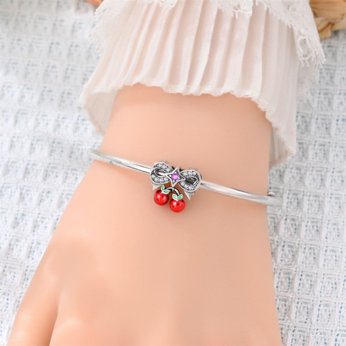 Cherry Bow Charm with Star Gem, Fruit & Leaf Enamel, Cute Girly Jewelry for Pandora Bracelet, Elegant Accessory