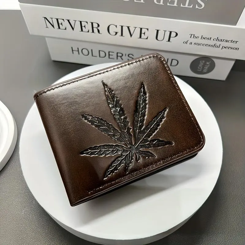 High Quality men's PU Leahter wallet maple leaf Embossed multi slot wallet short coin purse