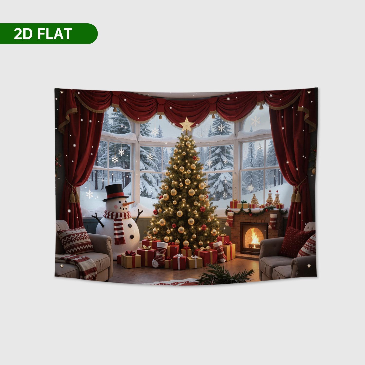 Christmas Theme Background Banner, Durable Polyester, Festive Home Decor, Tree with Bells, Gifts, Snowman, Fireplace, Party Decoration