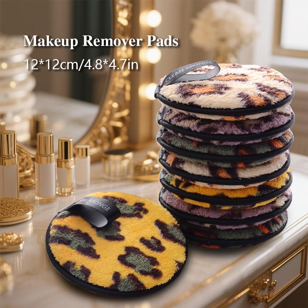1/4pcs Leopard Print Microfiber Makeup Remover Pad, Reusable Wet & Dry Cleansing Towel, Lazy Women's Skincare Tool, Round Hanging Hook Design