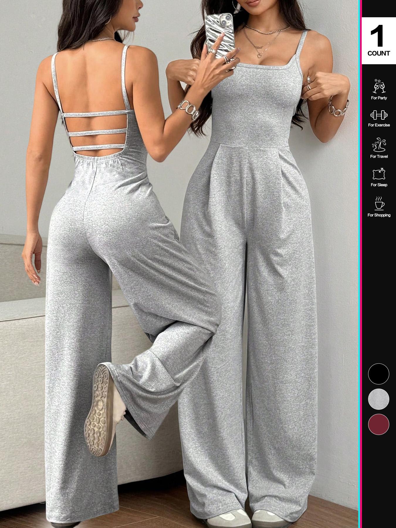 2026 Women's Solid Backless Fitted Plicated Camijumpsuit, Sleeveless Spaghetti Strap Square Neck, Sexy Wide Leg Jumpsuit for All Seasons