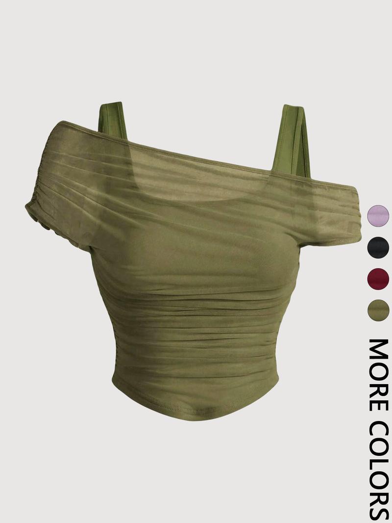 Valentine's Day Women's Asymmetric Neckline Ruched Crop Top - Trendy Mesh Blouse for Club, Date Night & Vacation