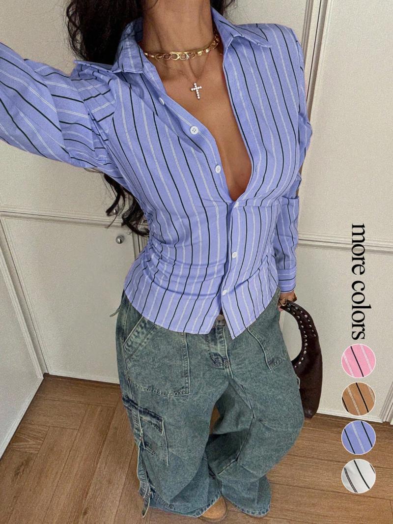 Women's All Over Striped Print Button Front Shirt, Casual Elegance Style, Casual Long Sleeve Top for Spring & Fall, Ladies Clothes for Daily Wear