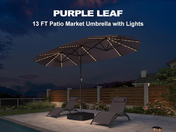 PURPLE LEAF 13 ft Table Umbrella with Lights Double-Sided Market Umbrella with Base PURPLE LEAF 13 ft Table Umbrella with Lights Double-Sided Market Umbrella with Base