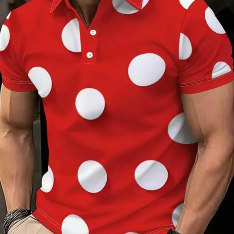 Men's Polka Dot Polo Shirt, Collared Polo Shirts, Trendy Casual Collared, Polyester Fiber, Casual Short Sleeve, Fitted Design, Comfortable Durable, All Seasons Wear